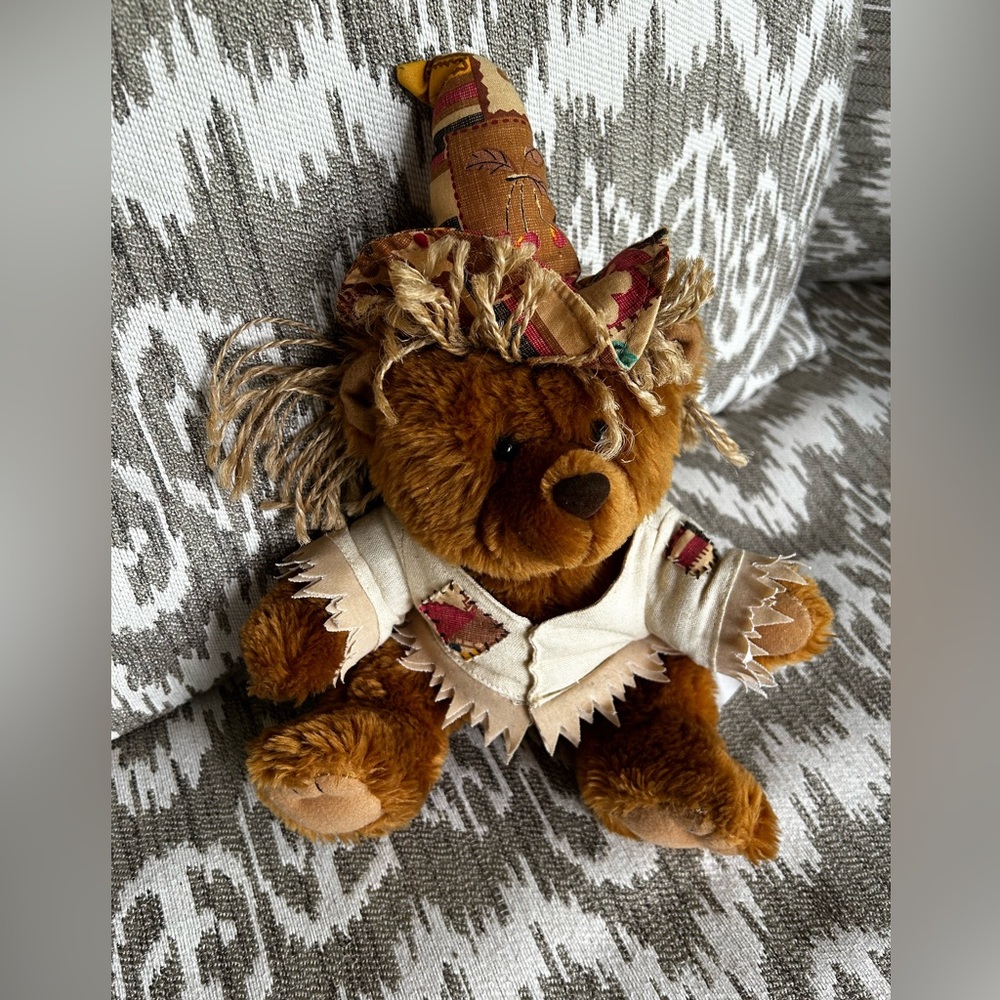 American Greetings Fall Scarecrow Autumn Patchwork Farmer Plush Brown Bear 11”